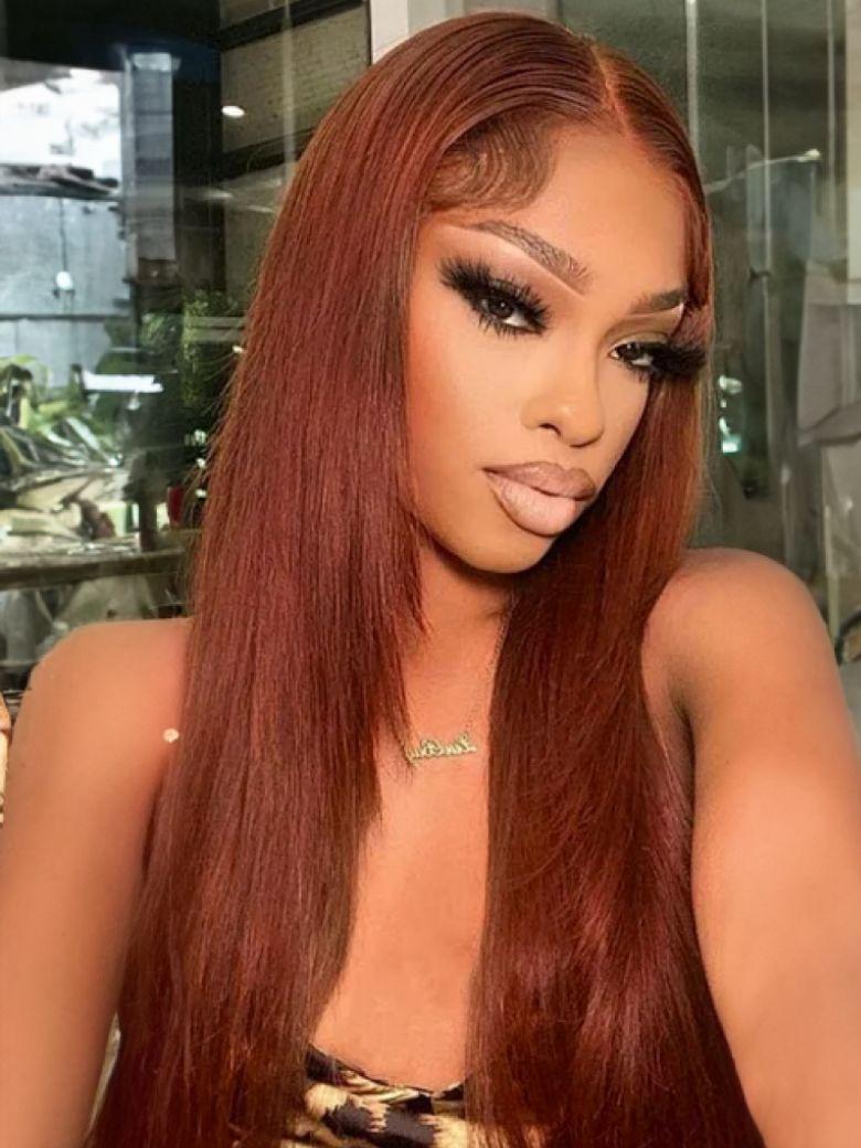 7x5 Bye Bye Knots Reddish Brown Kinky Curly & Straight & 13x4 Pre Everything Loose Wave With Wispy Bang Bleached Knots Wig