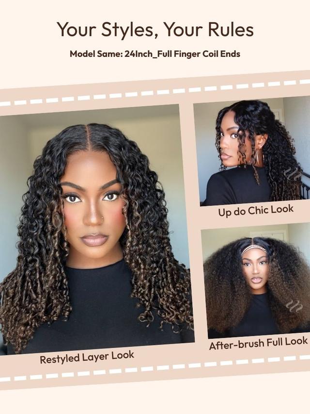 UNice Bye-Bye Knots™ 7x5 Lace Black to Chestnut Brown Ombre Curly Wig With Defined Finger Coil Ends Drawstring Wig