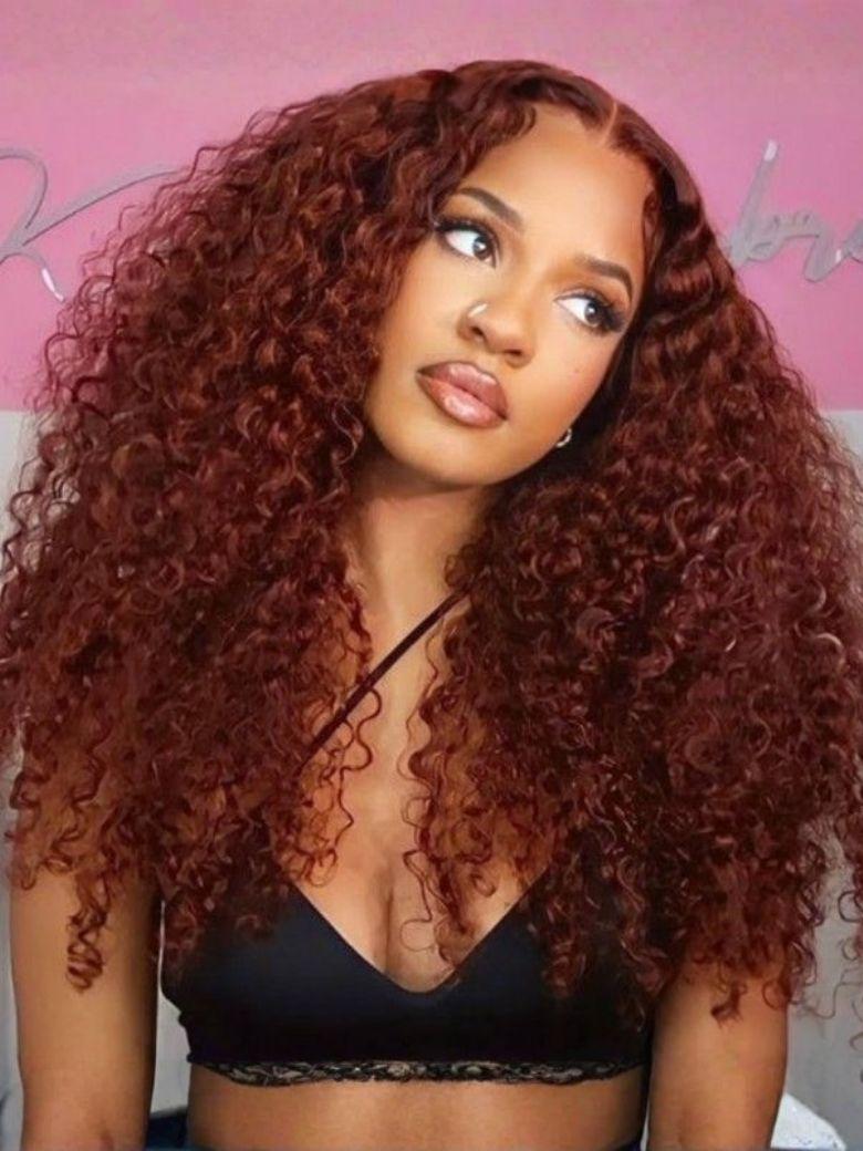 [All 24 Inch] 150%-200% Density 7x5 Pre-Cut Lace Bye Bye Knots Reddish Brown Kinky Curly Bleached Knots Wig
