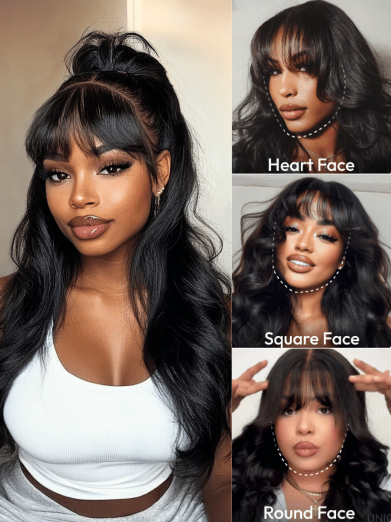 UNice 7x5 Bye-Bye Knots™ & 13x4 Pre-Everything™ Lace Frontal Pull And Go Black Fluffy Natural Loose Wave Curtain Bangs Wig with Free Ear Tape