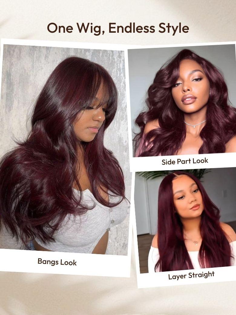 UNice 7x5 Bye-Bye Knots™ & 13x4 Pre-Everything™ Lace Frontal Purple Black Cherry Layered Straight & Loose Wave With Invisi Drawstring Wig