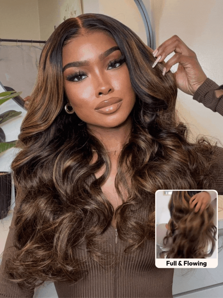 UNice 7x5 Bye Bye Slip™ Wig Glueless Lace Balayage Highlight Body Wave Drawstring Curtain Bangs Wig