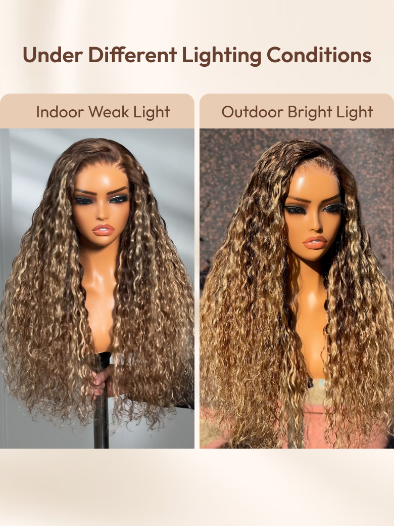 UNice 13x4 Pre-Everything™ Lace Frontal Caramel Brown With Honey Blonde Highlights Water Wave Glueless Drawstring Wig