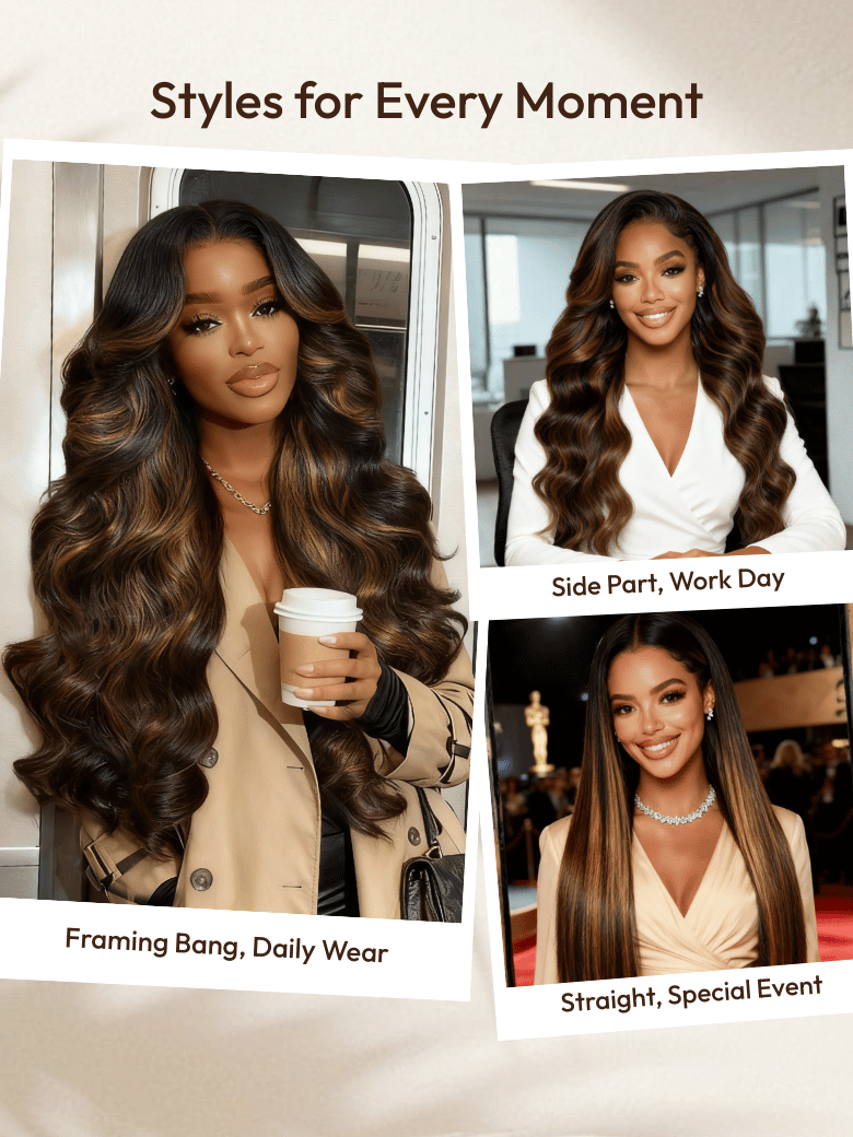 UNice 7x5 Bye Bye Knots™ Wig Glueless Lace Balayage Highlight Body Wave Drawstring & With Bangs Wig