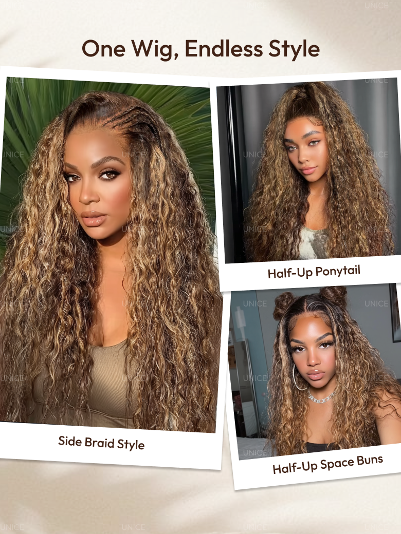 UNice 13x4 Pre-Everything™ Lace Frontal Caramel Brown With Honey Blonde Highlights Water Wave Glueless Drawstring Wig