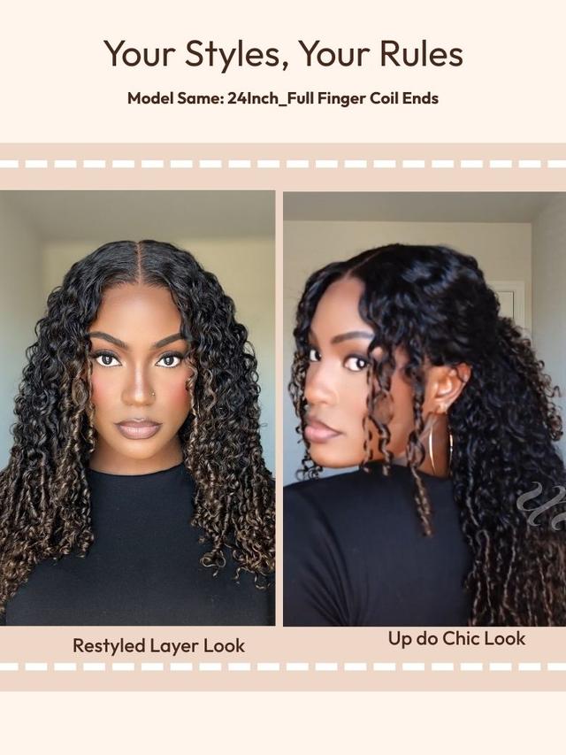 UNice Bye-Bye Knots™ 7x5 Lace Black to Chestnut Brown Ombre Curly Wig With Defined Finger Coil Ends Drawstring Wig