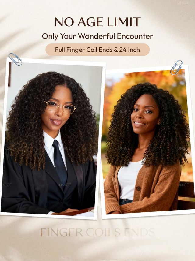 UNice 100% Human Hair Glueless Curly Wig With Defined Finger Coil Ends Black to Chestnut Brown Ombre Bye-Bye Knots™ 7x5 Lace Drawstring Wig