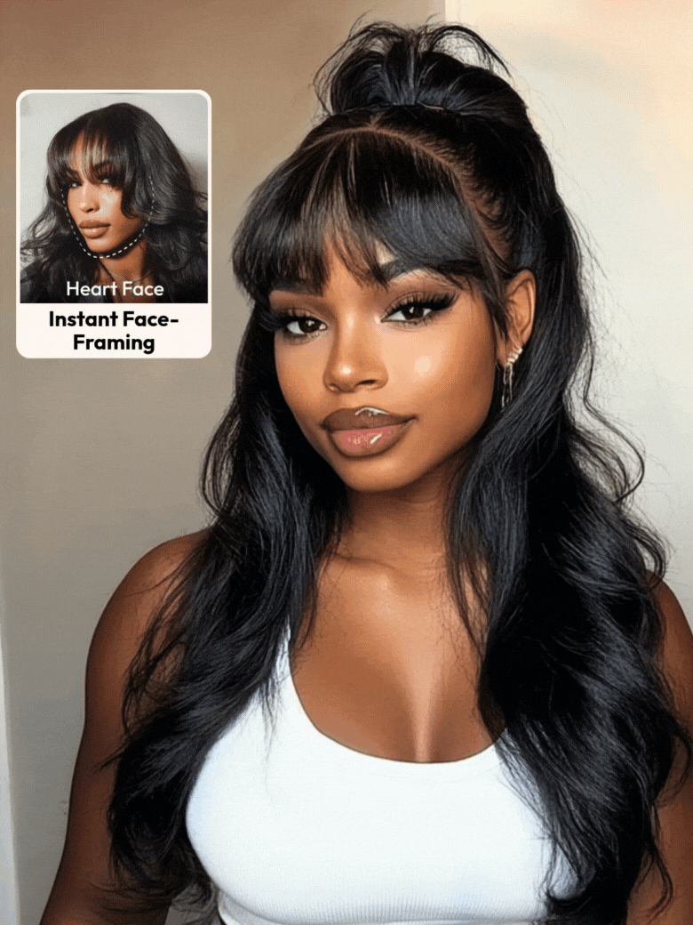 [Free Wig For All Length] 7x5 Bye Bye Knots™ 180% Density Black Fluffy Natural Loose Wave Curtain Bangs Wig with Invisi Drawstring