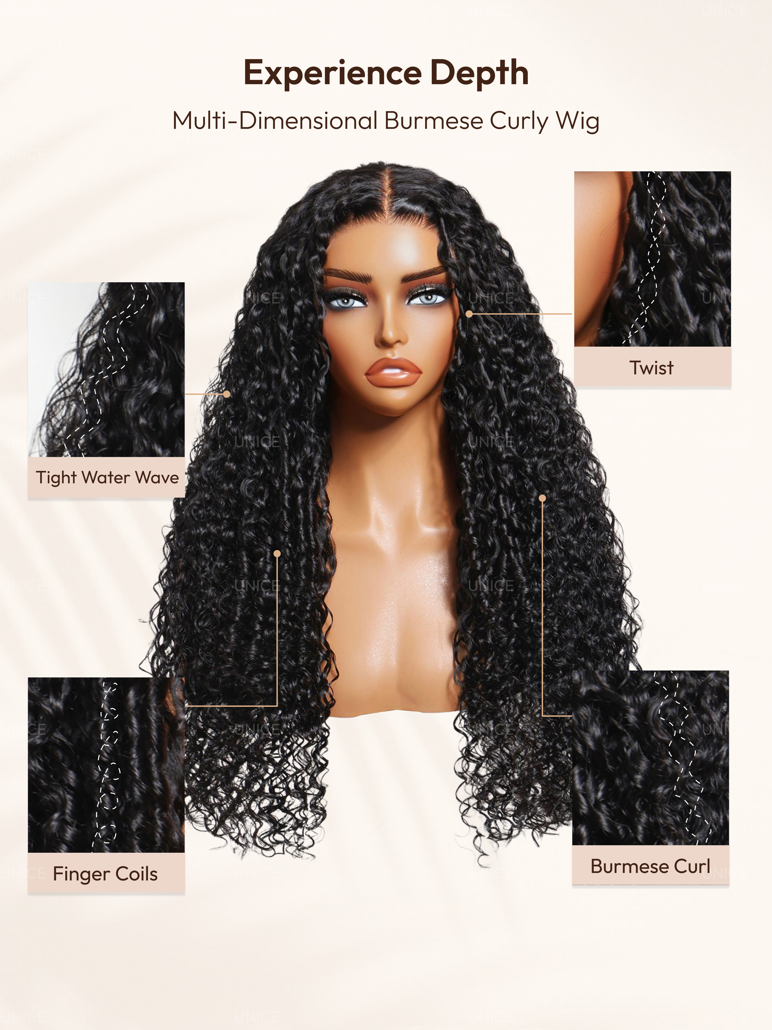 UNice  Bye-Bye Knots™ 7x5 Lace Natural Black 4D Mixed Texture Burmese Curly Wig with Invisi Drawstring