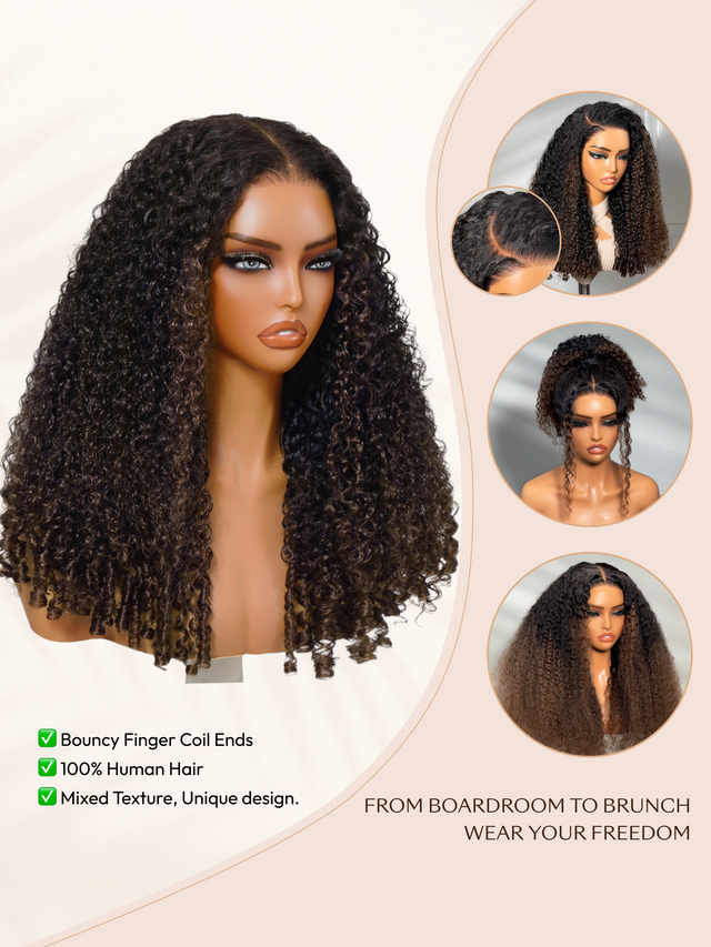 UNice Glueless Curly Wig With Defined Finger Coil Ends Black to Chestnut Brown Ombre Bye-Bye Knots™ 7x5 Lace Drawstring Wig