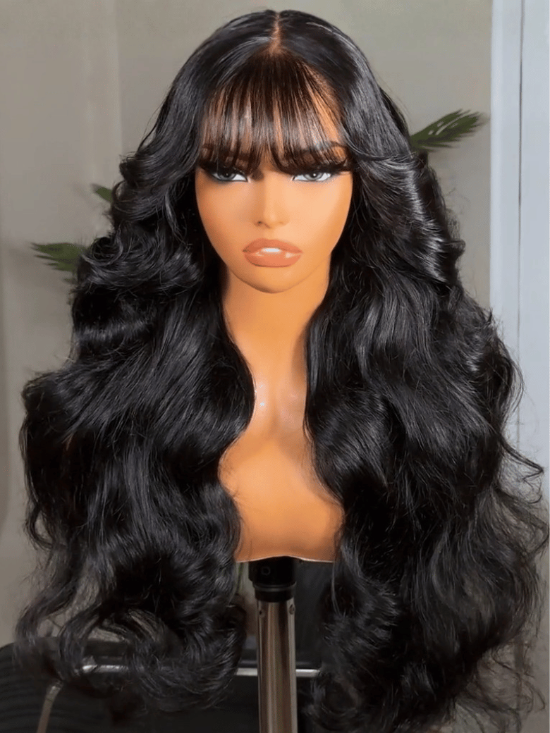 7x5 Bye-Bye Slip™ & 13x4 Pre-Everything™ Pull & Go Black Fluffy Loose Wave Wispy Bangs Glueless Wig