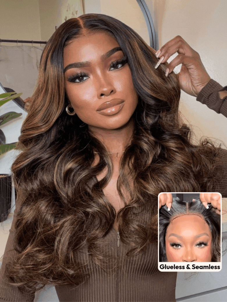 UNice 7x5 Bye Bye Slip™ Wig Glueless Lace Balayage Highlight Body Wave Curtain Bangs Wig with Invisible Drawstring