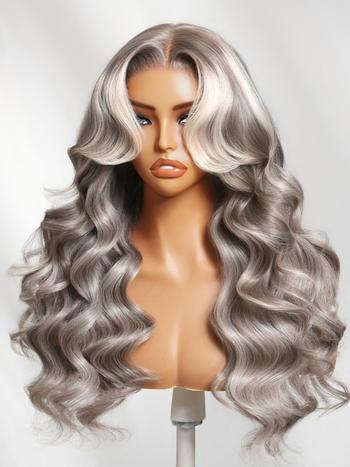 UNice 100% Human Hair Silver Platinum Blonde Highlight Wig 13x4 Pre-Everything™ Loose Wave With Face-Framing Layer Bangs