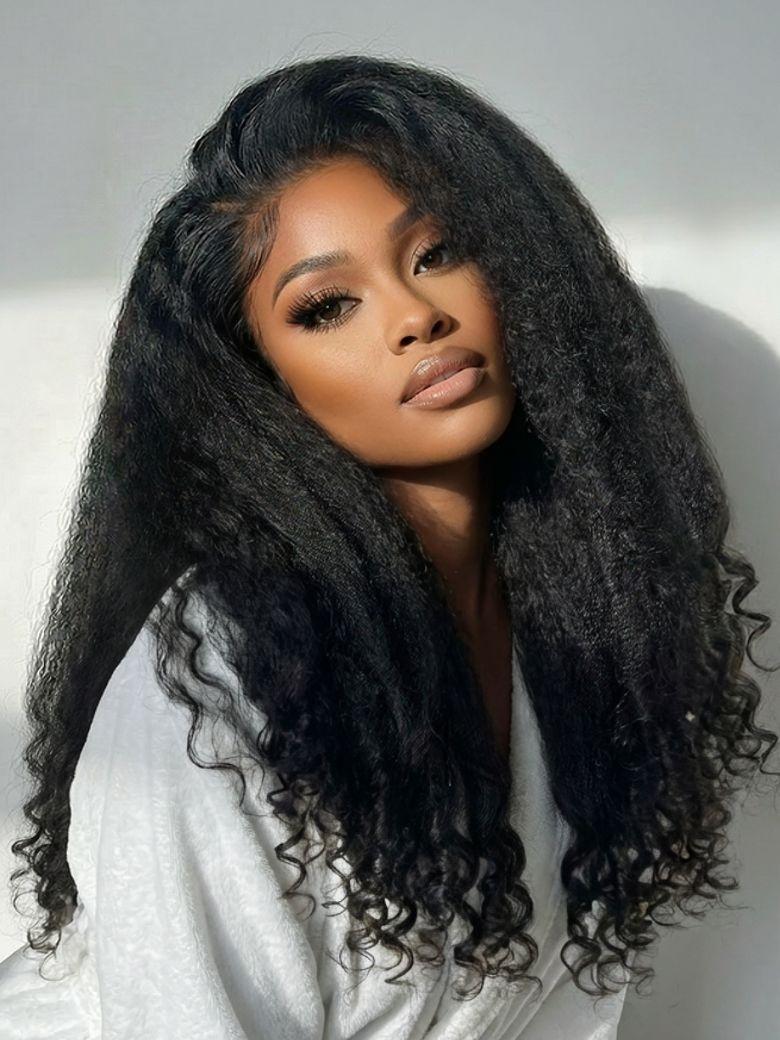 UNice InvisiBlend™ V part Natural Black Kinky Straight with Spiral Curly Ends Human Hair Wig for Beginner