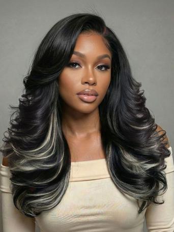 UNice Bye-Bye Knots™ 7x5 Lace Ash Highlights on Black Hair Feathered Hairstyles 200% Density Wig with Side Bangs