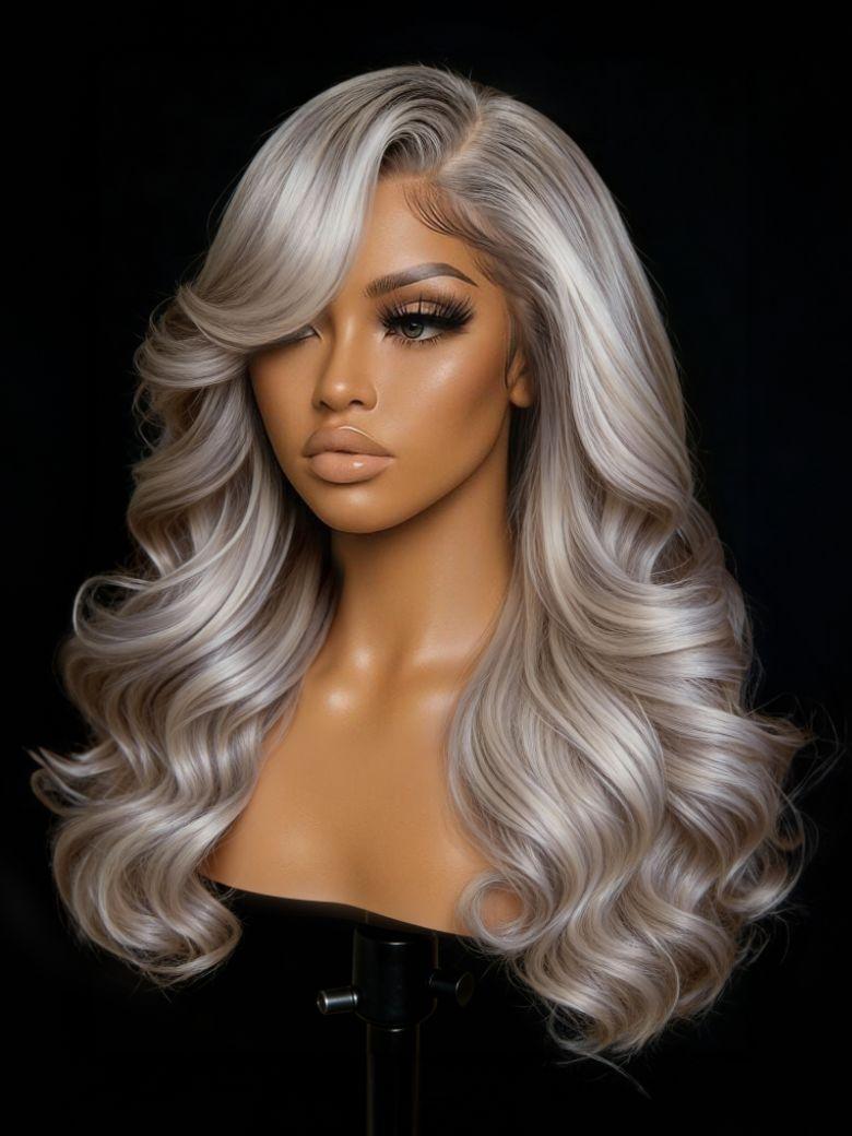 UNice 100% Human Hair Silver Platinum Blonde Highlight Wig 13x4 Pre-Everything™ Loose Wave With Face-Framing Layer Bangs