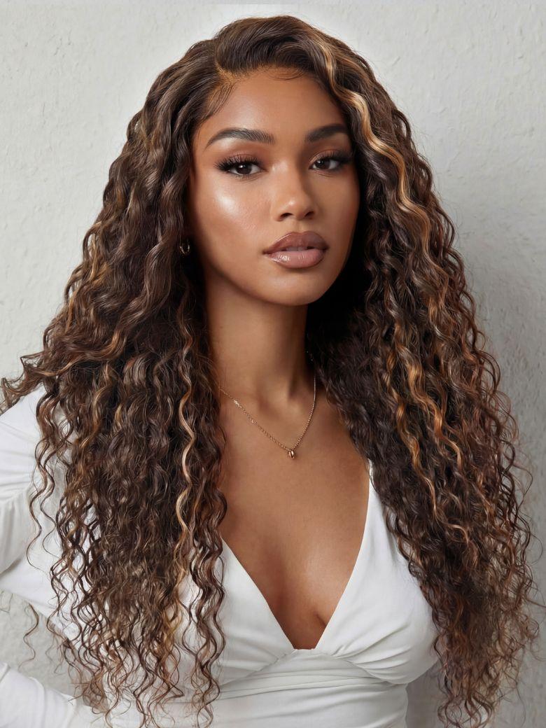 UNice Rich & Radiant 100% Human Hair Bye-Bye Knots™ 7x5 Lace Dark Toffee Brown with Auburn Highlights Water Wave Wig with Invisi Drawstring