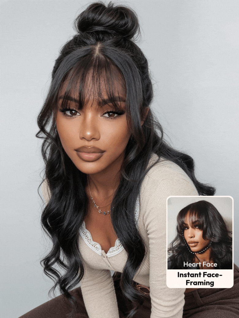 UNice 7x5 Bye-Bye Knots™ & 13x4 Pre-Everything™ Lace Frontal Pull And Go Black Fluffy Natural Loose Wave Curtain Bangs Wig with Free Ear Tape