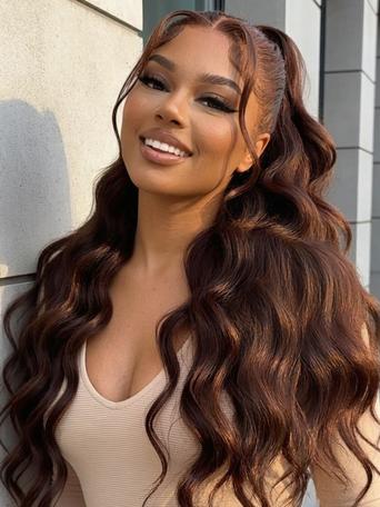 UNice 100% Human Hair Glueless Auburn Brown 13x4 Pre-Everything™ Lace Frontal Loose Wave Wig with Invisi Drawstring & Face Framing Layers 150% Density