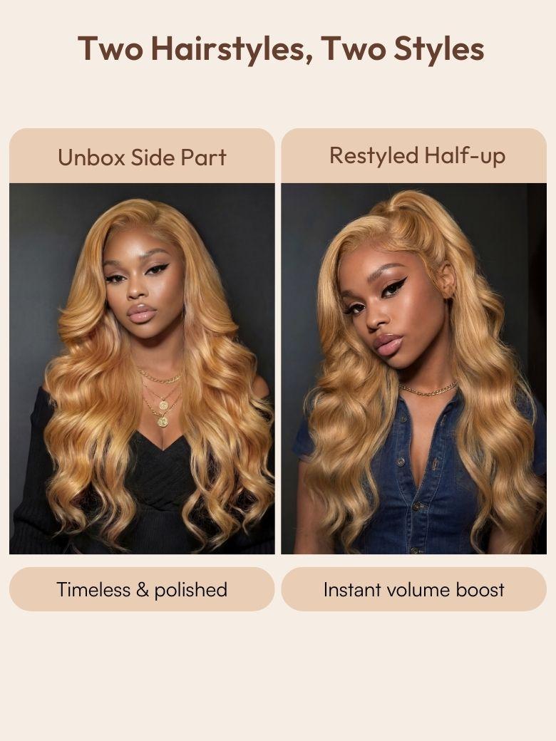 UNice 13x4 Pre-Everything™ Lace Frontal Golden Blonde Balayage Loose Body Wave Drawstring Wig with Side Swept Bangs