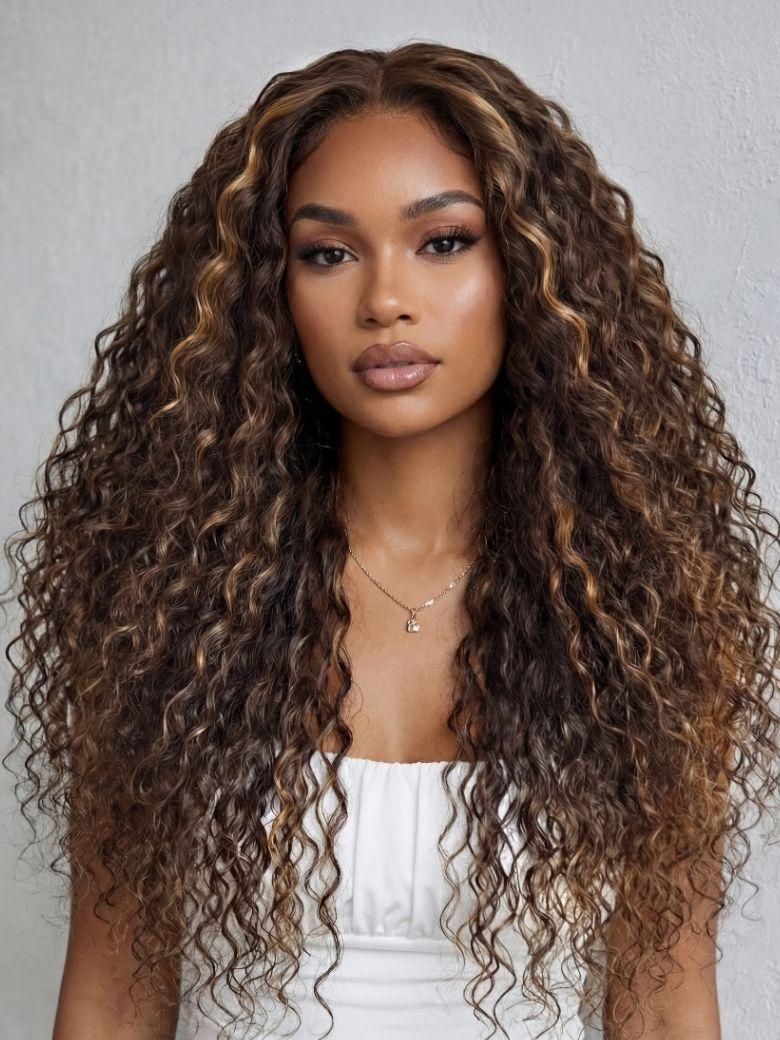 UNice Rich & Radiant 100% Human Hair Bye-Bye Knots™ 7x5 Lace Dark Toffee Brown with Auburn Highlights Water Wave Wig with Invisi Drawstring