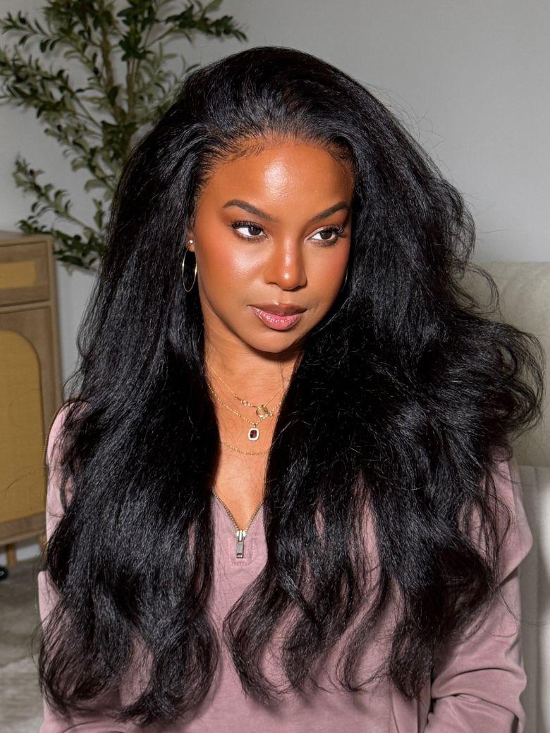 13x4 HD Real Scalp™ Wig Invisible Lace Frontal Black Kinky Straight Wig With Invisi Drawstring