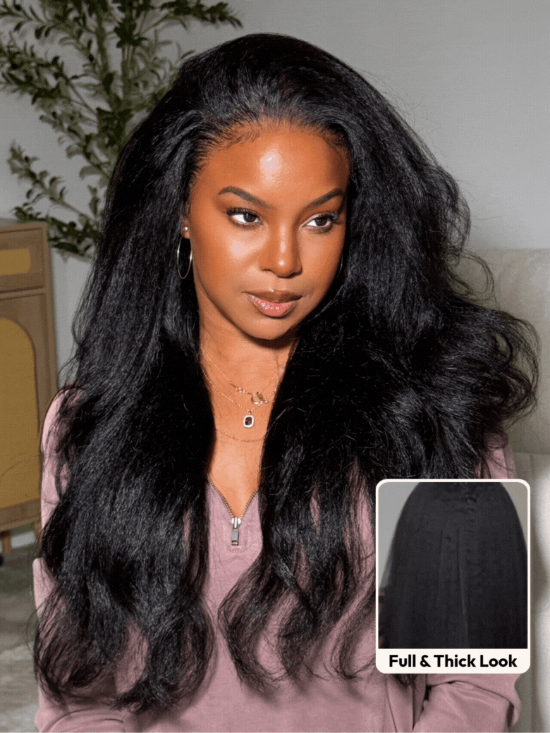 UNice 13x4 HD Real Scalp™ Wig Invisible Lace Frontal Black Kinky Straight Wig With Invisi Drawstring