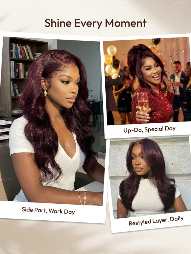 UNice 7x5 Bye-Bye Knots™ & 13x4 Pre-Everything™ Lace Frontal Purple Black Cherry Layered Straight & Loose Wave With Invisi Drawstring Wig