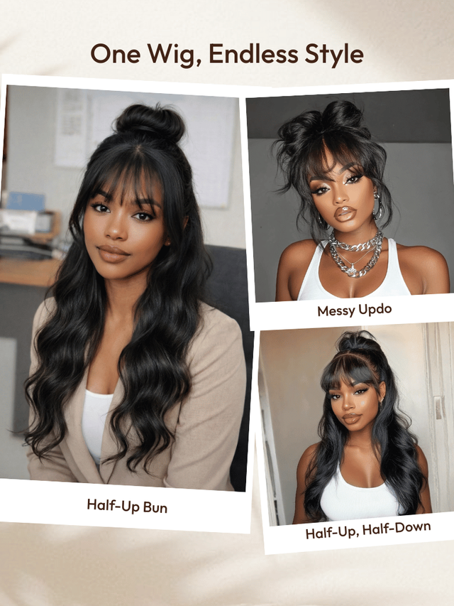 UNice 7x5 Bye-Bye Knots™ & 13x4 Pre-Everything™ & HD Lace Frontal Pull And Go Black Fluffy Natural & Balayage Highlights Loose Wave Wispy Bangs Wig