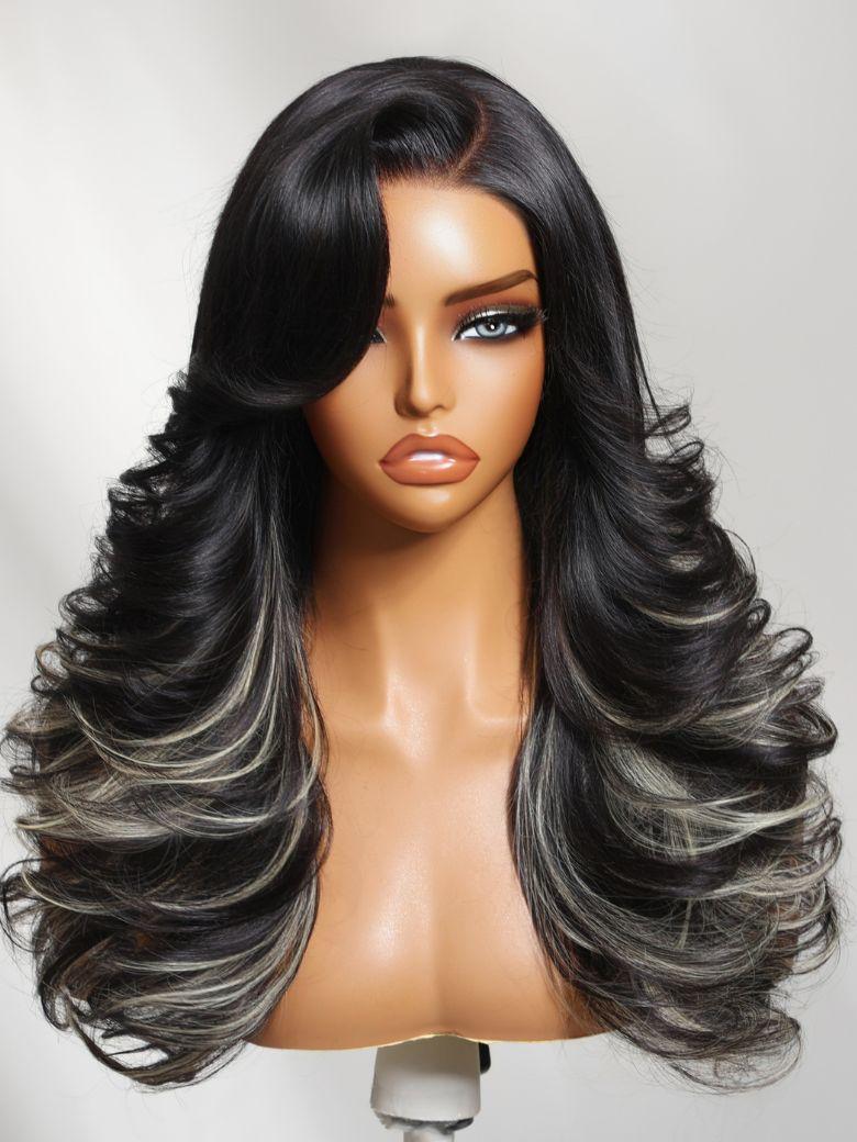 UNice Bye-Bye Knots™ 7x5 Lace Ash Highlights on Black Hair Feathered Hairstyles 200% Density Wig with Side Bangs