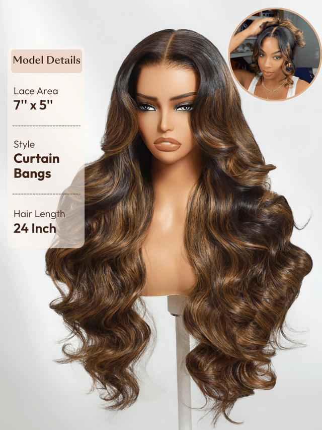 UNice 7x5 Bye Bye Knots™ Wig Glueless Lace Balayage Highlight Body Wave Drawstring & Curtain Bangs Wig