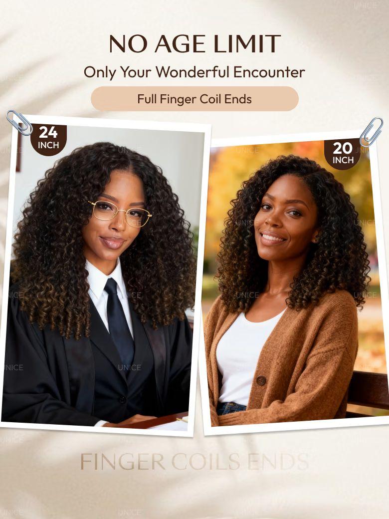 UNice 100% Human Hair Glueless Curly Wig With Defined Finger Coil Ends Black to Chestnut Brown Ombre Bye-Bye Knots™ 7x5 Lace Drawstring Wig