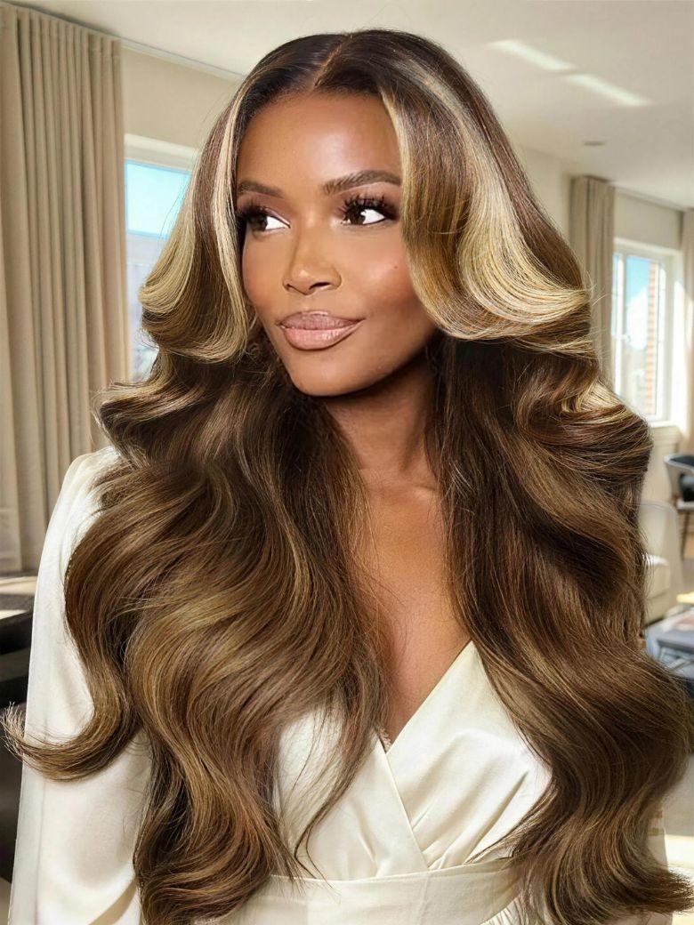 UNice 13x4 Pre-Everything™ Lace Frontal Honey Brown Loose Wave Drawstring Wig with Golden Blonde Face Framing Layers