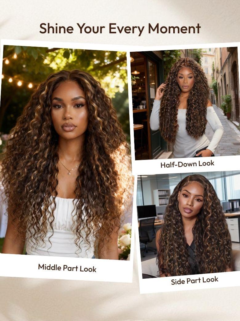 UNice Rich & Radiant 100% Human Hair Bye-Bye Knots™ 7x5 Lace Dark Toffee Brown with Auburn Highlights Water Wave Wig with Invisi Drawstring