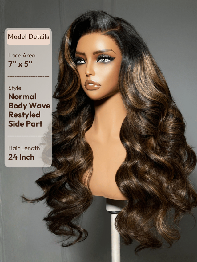 UNice 7x5 Bye Bye Knots™ Wig Glueless Lace Balayage Highlight Body Wave Drawstring & Curtain Bangs Wig