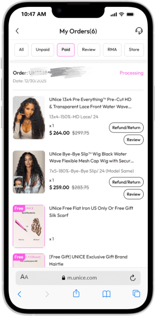 unice hair cancel order step1