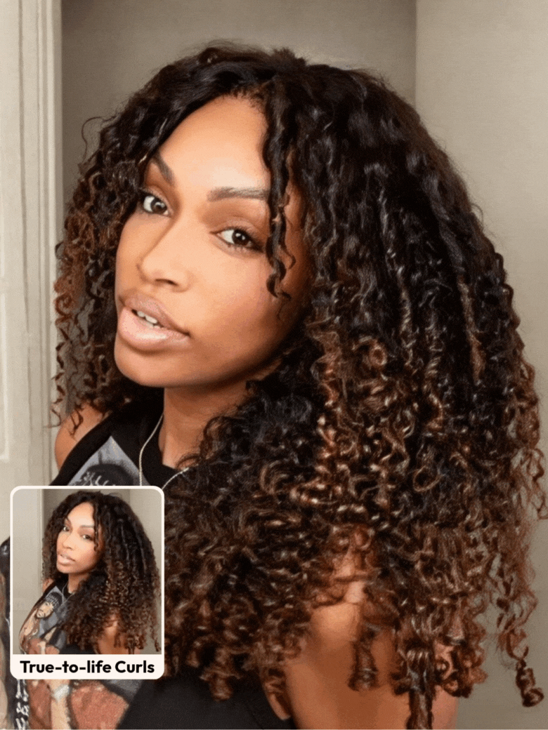 UNice Glueless Curly Wig With Defined Finger Coil Ends Black to Chestnut Brown Ombre Bye-Bye Knots™ 7x5 Lace Drawstring Wig