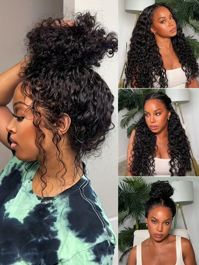 UNice 7x5 Bye Bye Knots & 13x4 Pre-Everything™ Lace Frontal Natural Black Water Wave Curly Drawstring No Baby Hair
