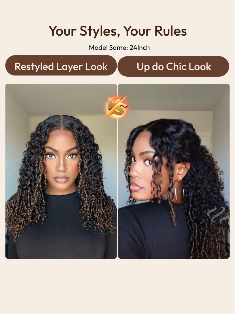 UNice Bye-Bye Knots™ 7x5 Lace Black to Chestnut Brown Ombre Curly Wig With Defined Finger Coil Ends Drawstring Wig