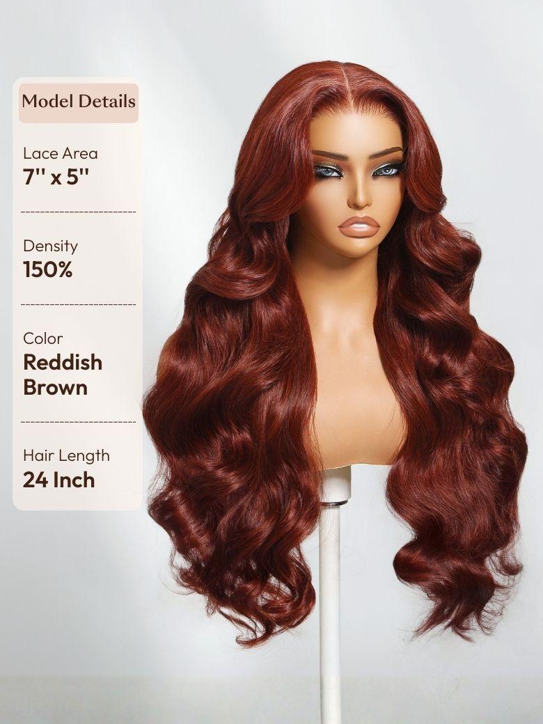 UNice 100% Human Hair Glueless Auburn Brown 13x4 Pre-Everything™ & Reddish Brown 7x5 Bye-Bye Slip™ Lace Frontal Loose Wave Wig with Invisi Drawstring & Face Framing Layers 150% Density