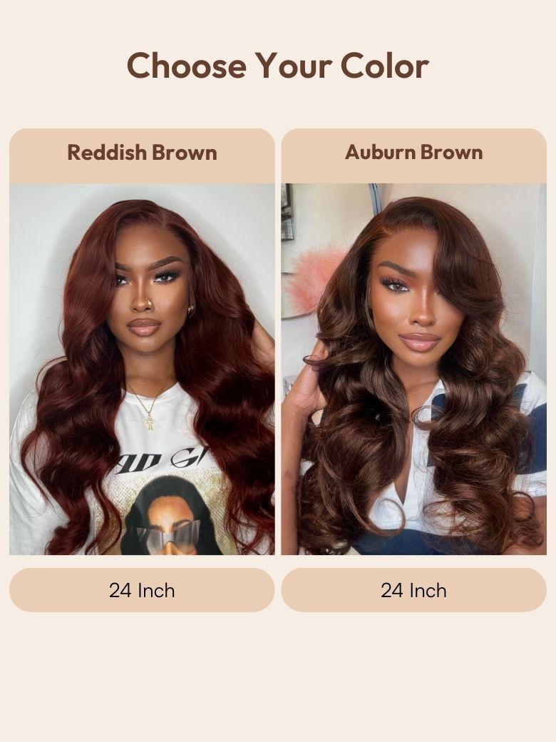 UNice 100% Human Hair Glueless Auburn Brown 13x4 Pre-Everything™ & Reddish Brown 7x5 Bye-Bye Slip™ Lace Frontal Loose Wave Wig with Invisi Drawstring & Face Framing Layers 150% Density