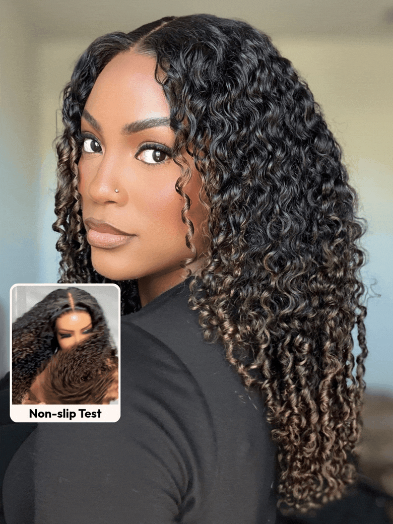 UNice Glueless Curly Wig With Defined Finger Coil Ends 100% Human Hair Black to Chestnut Brown Ombre Bye-Bye Knots™ 7x5 Lace Drawstring Wig