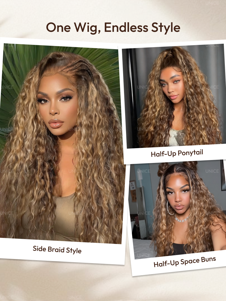 UNice 13x4 Pre-Everything™ Lace Frontal Caramel Brown With Honey Blonde Highlights Water Wave Glueless Drawstring Wig