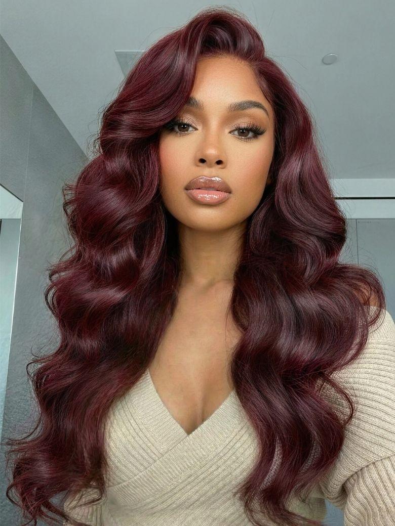 [24"=$129 | 7x5 Lace | 200% Density] Glueless 100% Human Hair Bye-Bye Knots™ 7x5 Lace Dark Auburn Side Part Big Bouncy Wave Wig with Invisi Drawstring