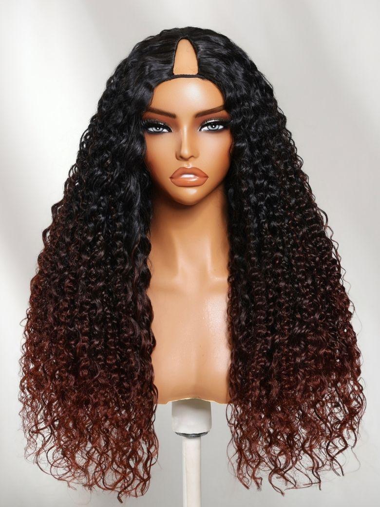 UNice InvisiBlend™ V Part Black to Reddish Brown Ombre Glueless Water Curly Wig