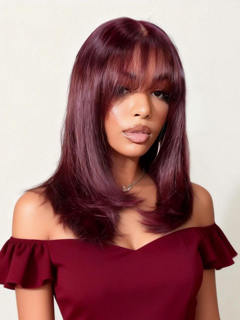 100% Human Hair Black Cherry Bye-Bye Knots™ 7x5 Lace Glueless Bob Drawstring Layer Straight Wig