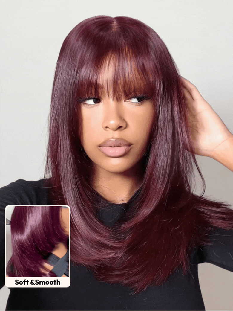 UNice Bye-Bye Knots™ 7x5 Lace Black Cherry Layered Wolf Cut with Wispy Bangs&Body Wave With Curtain Bangs Drawstring Wig