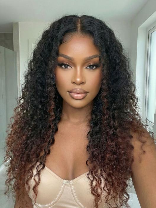 UNice InvisiBlend™ V Part Black to Reddish Brown Ombre Glueless Water Curly Wig