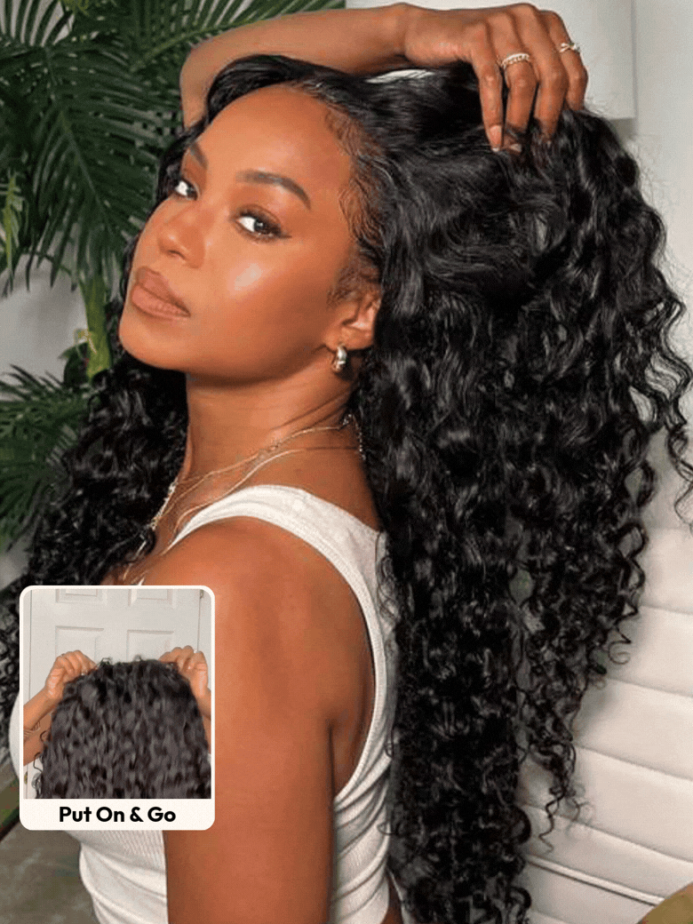 UNice 7x5 Bye Bye Knots & 13x4 Pre-Everything™ Lace Frontal Natural Black Water Wave Curly Drawstring No Baby Hair