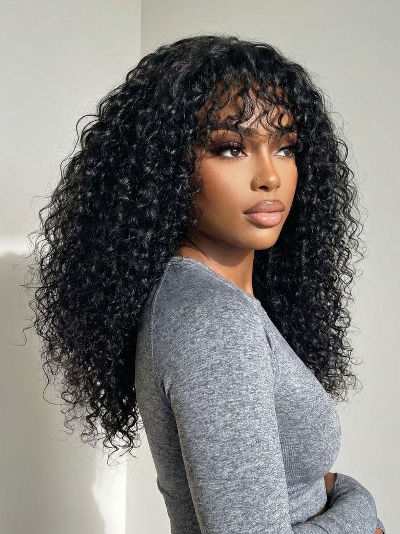 UNice 4x0.75 Lace Shaggy Natural Black Defined Curly Wig with Bangs for Beginner